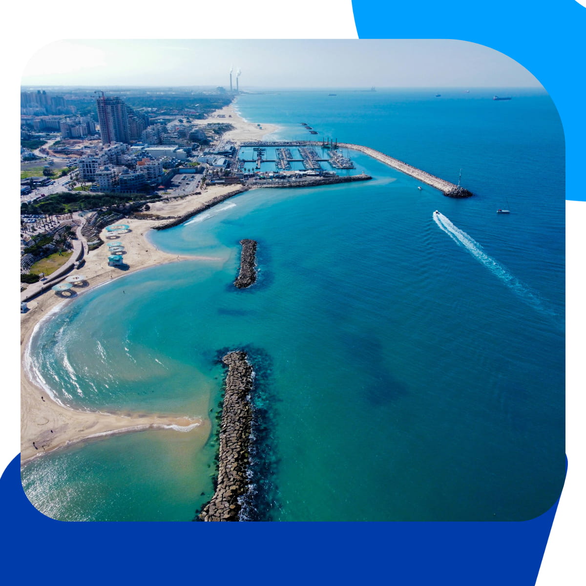 Ashkelon Mediterranean beachfront with marina and palm-lined promenade